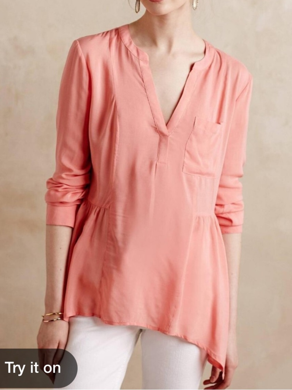 Maeve Anthropologie Coral Pink Rayon Peasant Blouse Size 8 Boho Long Sleeve Top